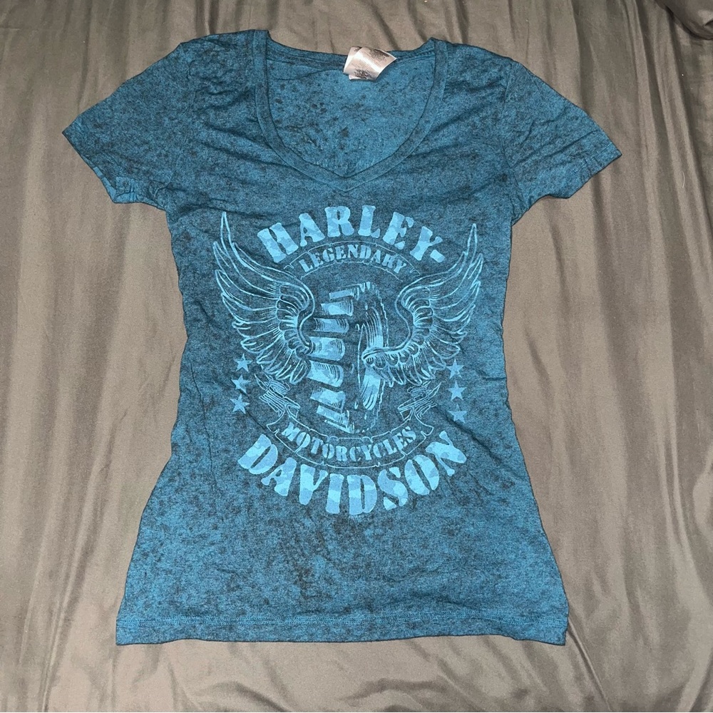 Blue tie dye Harley Davidson V-neck shirt